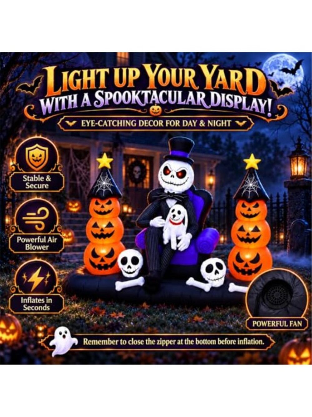 8FT Halloween Inflatables Outdoor Decorations, LED Lighted Inflatable Skeleton - Picture 4 of 7
